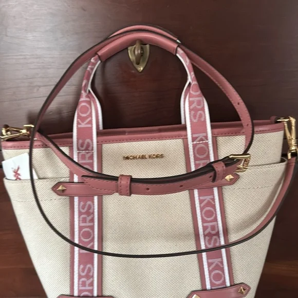 MICHAEL KORS Maeve Small Canvas Open Tote Rose Leather NWT $298 - Picture 7 of 14